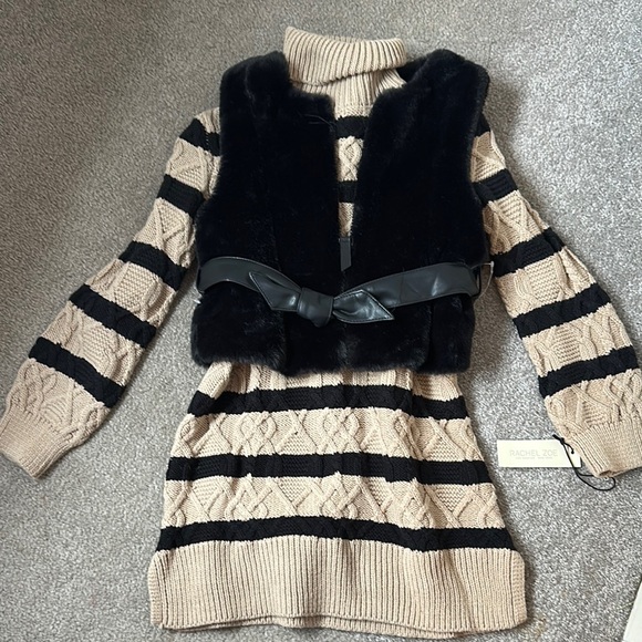 Rachel Zoe Other - Rachel & Zoe Sweater Dress w/ Faux Fur Vest and Matching Belt Girls 5 NWT